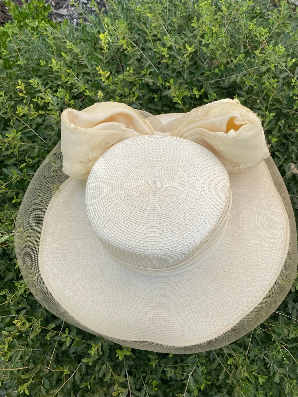 Vintage Jodi G for Sylvia Creamy Yellow Sun Hat with Ribbon Trim Kentucky Derby